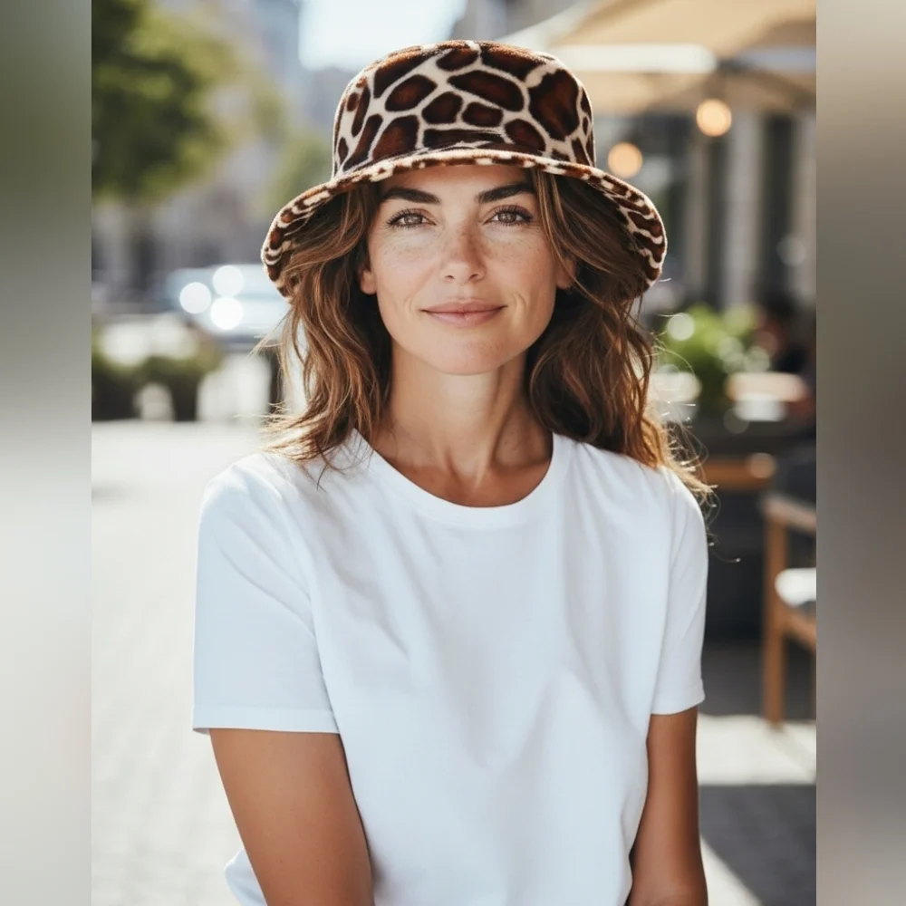 UO Gia Furry Leopard Bucket Hat Giraffe Brown Black Safari L One Size‎ Fits Most